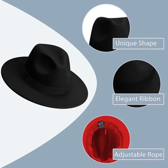 BRAND NEW TRENDY UNISEX WIDE BRIM FEDORA WITH RED UNDERBILL NWT - Picture 5 of 7